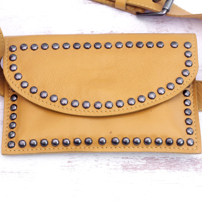 Leather waist bag, 'Studded Amber' - Handcrafted Leather Waist Bag in Amber from Brazil
