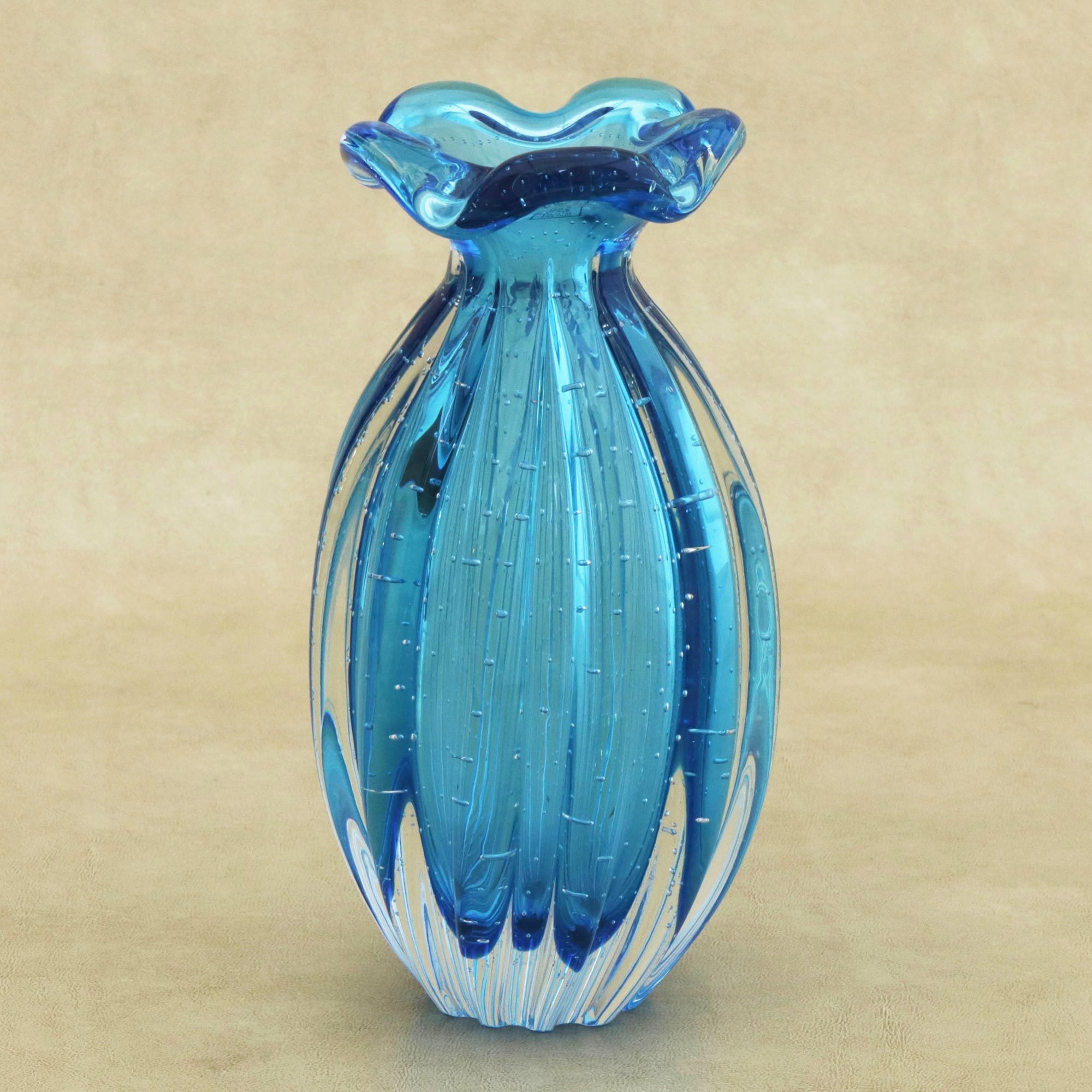 Handblown Murano Art Glass Vase in Blue from Brazil Bubble Splash