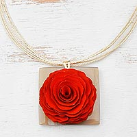 Wood and horn pendant necklace, 'Intricate Elegance' - Eucalyptus Wood and Horn Rose Flower Pendant Necklace