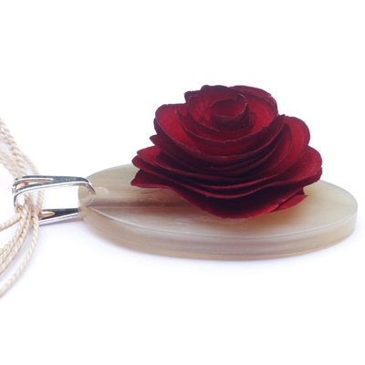 Wood and horn pendant necklace, 'Rose Oval' - Oval Eucalyptus Wood and Horn Floral Pendant Necklace