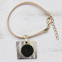 Gold accent wood and bone charm bracelet, 'Rose Square' - Square Gold Accent Wood and Horn Rose Flower Charm Bracelet