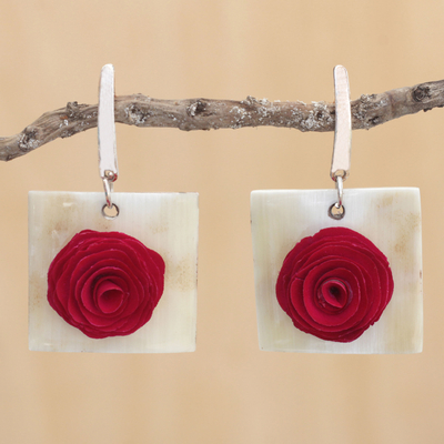Gold accented wood and horn dangle earrings, 'Vibrant Rose' - Floral Wood and Bone Dangle Earrings in Vibrant Red