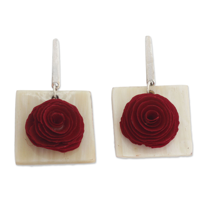 Gold accented wood and horn dangle earrings, 'Rose Purity' - Floral Wood and White Bone Dangle Earrings from Brazil