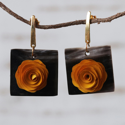 Gold accented wood and horn dangle earrings, 'Striking Rose' - Floral Yellow and Black Wood and Horn Dangle Earrings