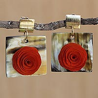 Gold accented wood and horn dangle earrings, 'Rose Magnificence' - Rose Flower Wood and Horn Dangle Earrings from Brazil
