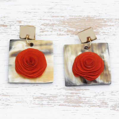Gold accented wood and horn dangle earrings, 'Rose Magnificence' - Rose Flower Wood and Horn Dangle Earrings from Brazil