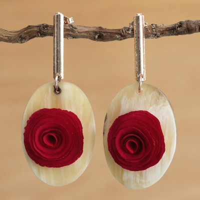Gold accented wood and horn dangle earrings, 'Oval Rose' - Floral Oval Wood and Horn Dangle Earrings from Brazil