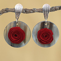 Gold accented wood and horn dangle earrings, 'Floral Touch' - Gold Accent Wood and Horn Rose Dangle Earrings from Brazil