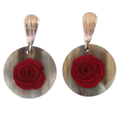 Gold accented wood and horn dangle earrings, 'Floral Touch' - Gold Accent Wood and Horn Rose Dangle Earrings from Brazil