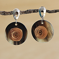 Gold accented wood and horn dangle earrings, 'Toffee Rose' - Beige Floral Gold Accented Wood and Horn Dangle Earrings