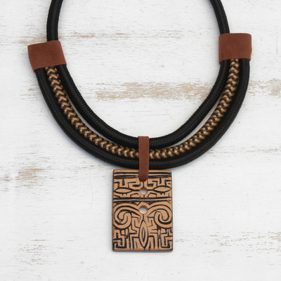 Suede accented ceramic pendant necklace, 'Tribal Accessory' - Suede Accent Ceramic Pendant Necklace from Brazil