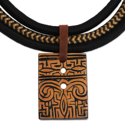 Suede accented ceramic pendant necklace, 'Tribal Accessory' - Suede Accent Ceramic Pendant Necklace from Brazil