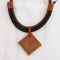 Suede accented ceramic pendant necklace, 'Square Labyrinth'