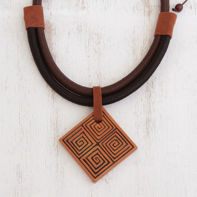 Suede accented ceramic pendant necklace, Square Labyrinth
