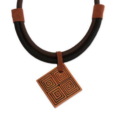 Suede Accent Square Ceramic Pendant Necklace from Brazil