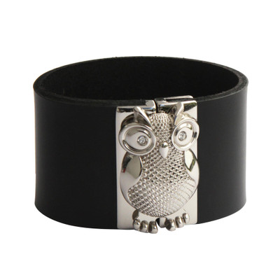 Leather wristband bracelet, 'Owl Gatekeeper in Black' - Leather Owl Wristband Bracelet in Black from Brazil