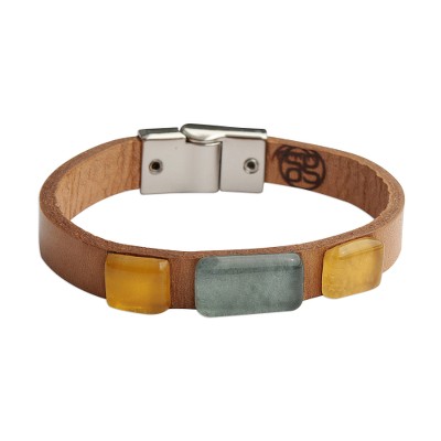 Blue and Yellow Glass and Leather Wristband Bracelet