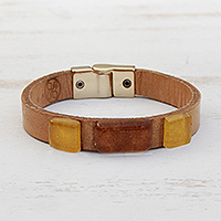 Glass and leather wristband bracelet, 'Vintage Style'