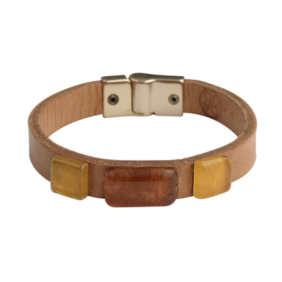 Glass and leather wristband bracelet, 'Vintage Style' - Brown and Yellow Glass and Leather Wristband Bracelet