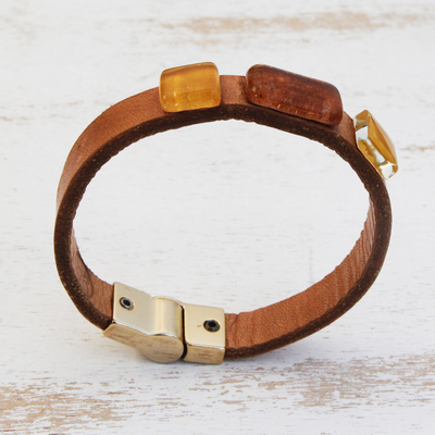 Glass and leather wristband bracelet, 'Vintage Style' - Brown and Yellow Glass and Leather Wristband Bracelet
