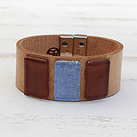 Glass and leather wristband bracelet, 'Sepia Sky'