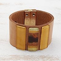 Glass and leather wristband bracelet, 'Yellow Horizon'