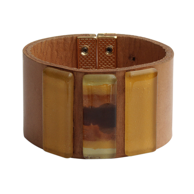 Glass and leather wristband bracelet, 'Yellow Horizon' - Yellow Glass and Leather Wristband Bracelet from Brazil