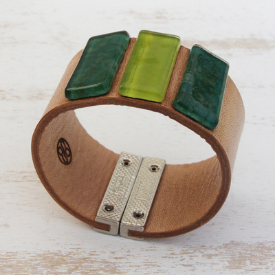 Glass and leather wristband bracelet, 'Green Skylights' - Green Glass and Leather Wristband Bracelet from Brazil