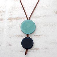 Glass and leather pendant necklace, 'Circular Modernity in Blue'