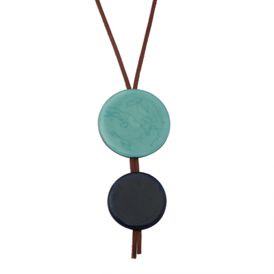 Glass and leather pendant necklace, 'Circular Modernity in Blue' - Blue Glass and Leather Pendant Necklace from Brazil