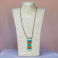 Glass and leather pendant necklace, 'Earth Ocean' - Earth-Tone Glass and Leather Pendant Necklace from Brazil