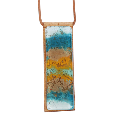 Glass and leather pendant necklace, 'Earth Ocean' - Earth-Tone Glass and Leather Pendant Necklace from Brazil
