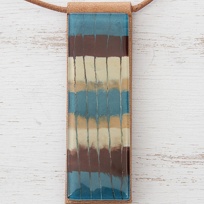 Art glass and leather pendant necklace, 'Horizon Threads' - Striped Glass and Leather Pendant Necklace from Brazil
