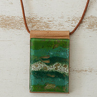 Glass and leather pendant necklace, 'Forest Layers'