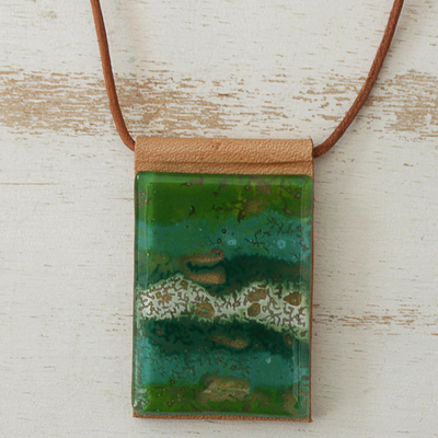Glass and leather pendant necklace, Forest Layers