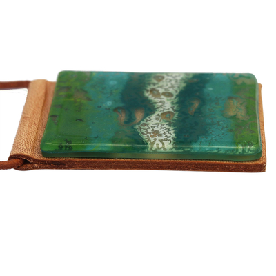 Glass and leather pendant necklace, 'Forest Layers' - Green Glass and Leather Pendant Necklace from Brazil