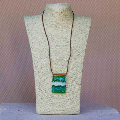 Glass and leather pendant necklace, 'Forest Layers' - Green Glass and Leather Pendant Necklace from Brazil