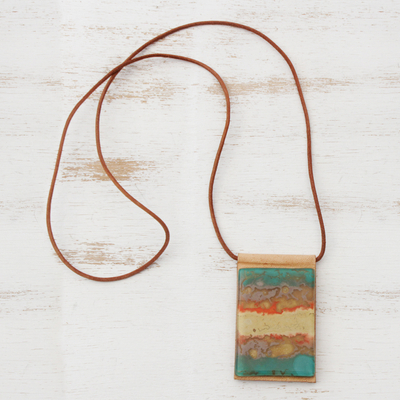 Art glass and leather pendant necklace, 'Seaside' - Layered Glass and Leather Pendant Necklace from Brazil