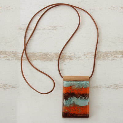 Art glass and leather pendant necklace, 'Waves of Fire' - Orange Glass and Leather Pendant Necklace from Brazil