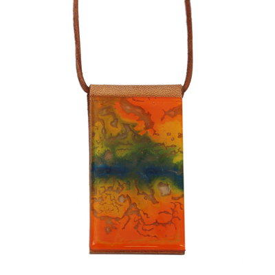 Glass and leather pendant necklace, 'Volcanic Fire' - Orange Glass and Leather Pendant Necklace from Brazil