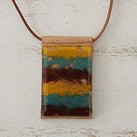 Glass and leather pendant necklace, 'Earth Waters' - Layered Glass and Leather Pendant Necklace from Brazil