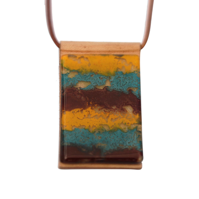 Glass and leather pendant necklace, 'Earth Waters' - Layered Glass and Leather Pendant Necklace from Brazil