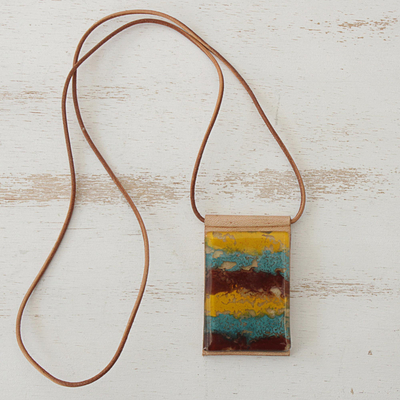 Glass and leather pendant necklace, 'Earth Waters' - Layered Glass and Leather Pendant Necklace from Brazil