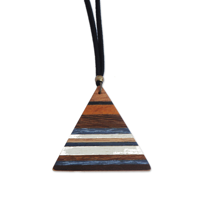 Gold accented wood pendant necklace, 'Triangular Horizons' - Triangular Wood Pendant Necklace with Colorful Stripes