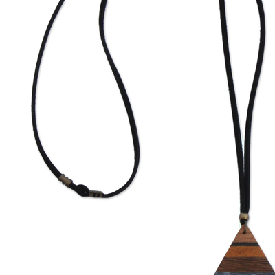 Gold accented wood pendant necklace, 'Triangular Horizons' - Triangular Wood Pendant Necklace with Colorful Stripes