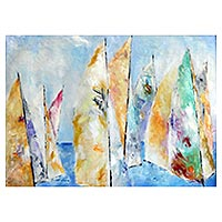 'Sailing' - Signed Impressionist Painting of Sailboats from Brazil