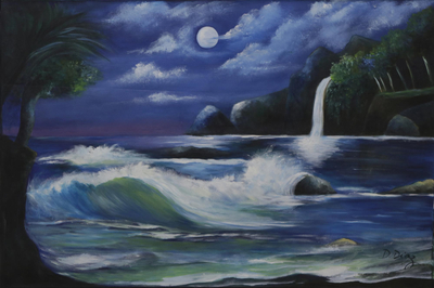 'In The Moonlight' (2018) - Signed Painting of a Beach at Night from Brazil (2018)