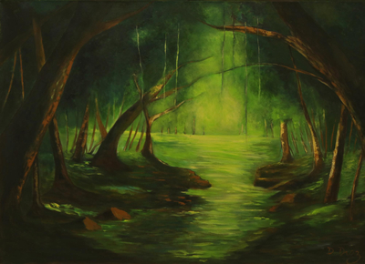 'Into The Woods' (2018) - Pintura de bosque expresionista firmada en verde (2018)
