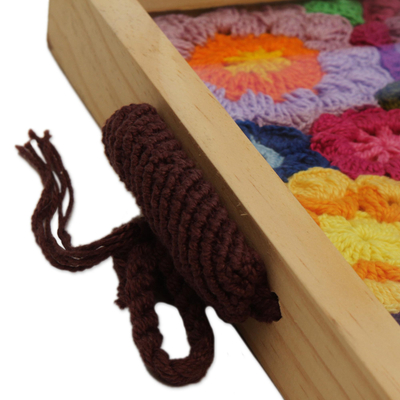 Cotton and wood tray, 'Great Floral Field' - Multicolored Floral Cotton and Wood Tray from Brazil