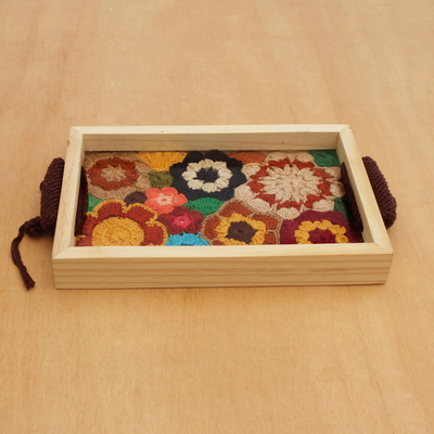 Cotton and wood tray, 'Cute Bouquet' - Crocheted Cotton and Wood Floral Tray from Brazil
